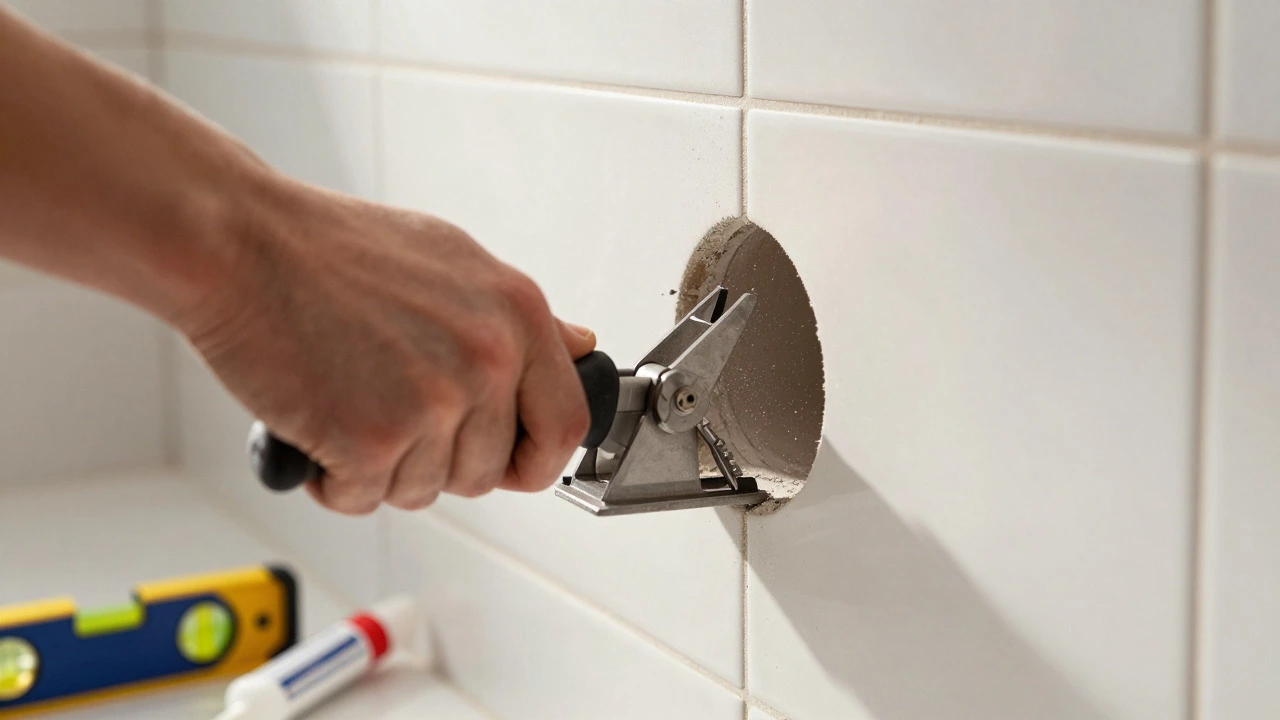 Carpenter cutting precise hole in tiled wall for fan