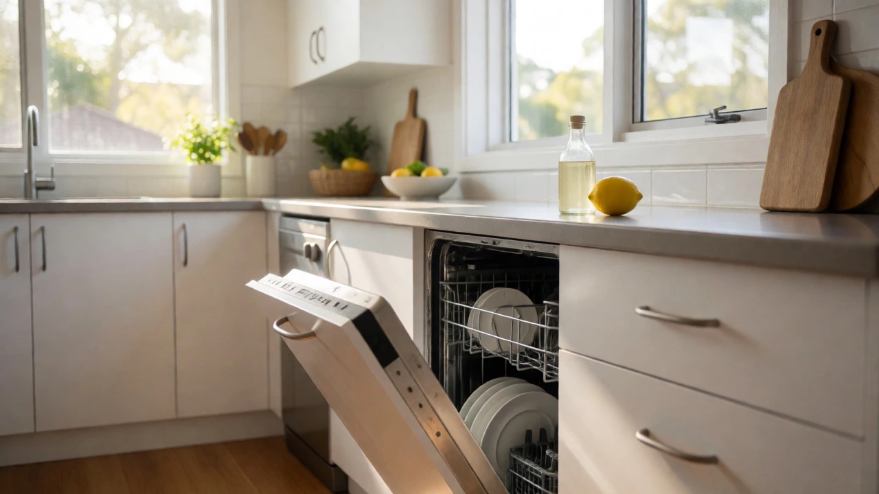 Clean open dishwasher in a sunny kitchen with vinegar and lemon on the counter.