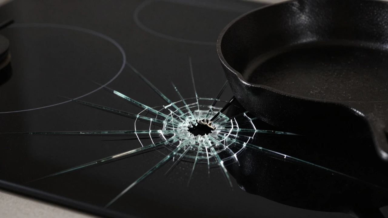 Close-up of a cracked glass-ceramic hob top next to a cast iron pan