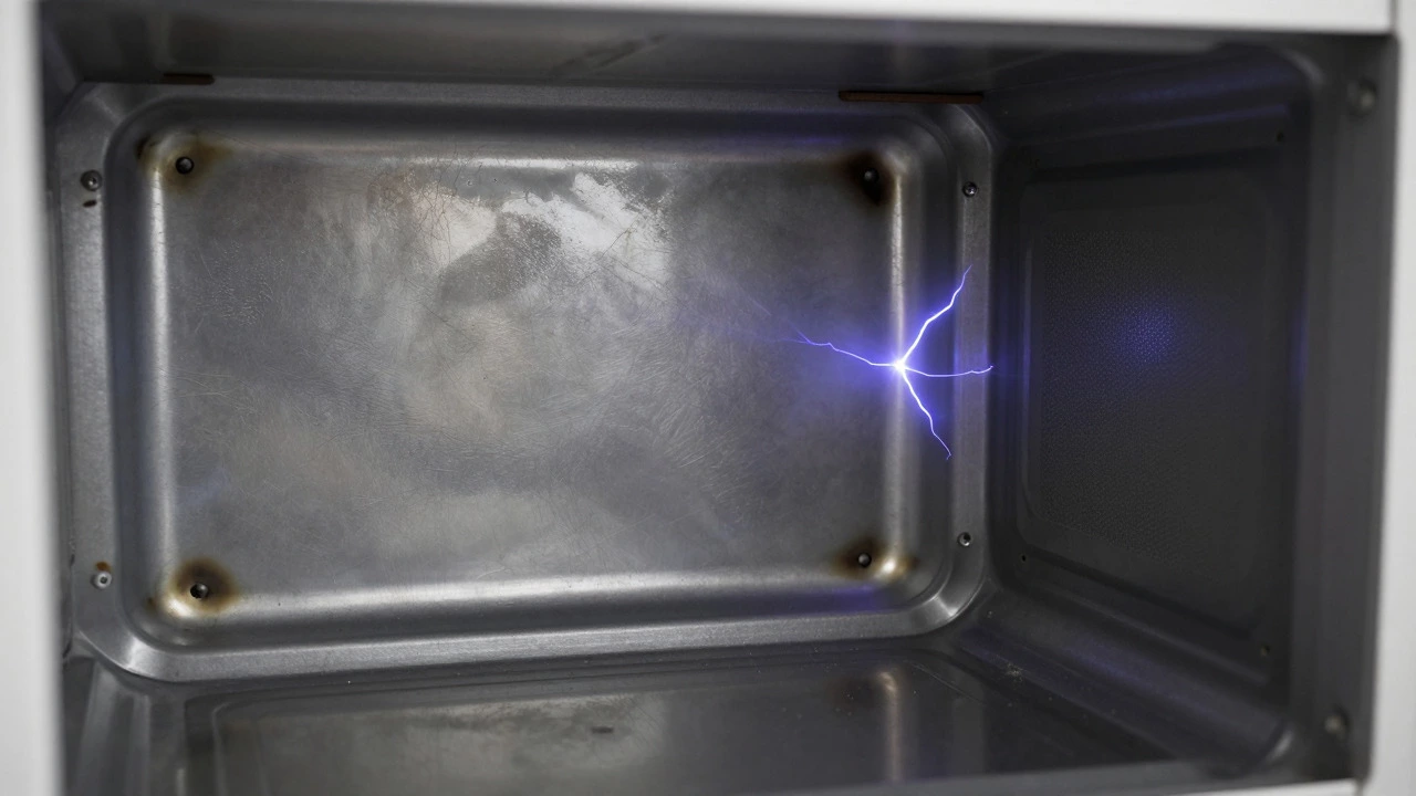 Close-up of a microwave waveguide cover showing burn marks and a blue electric spark