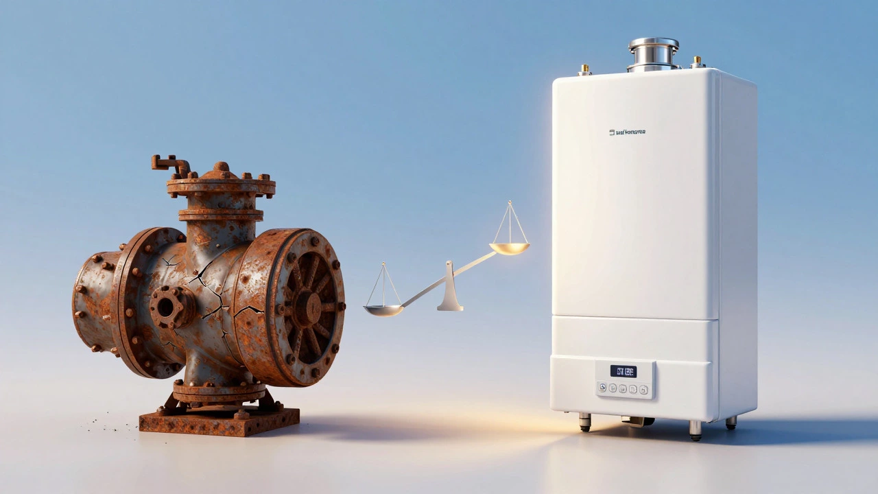 Comparison of old rusty part versus new efficient boiler