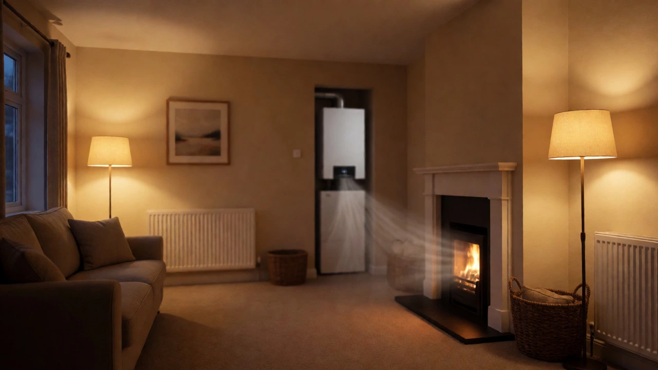 Cozy warm living room with boiler running in background