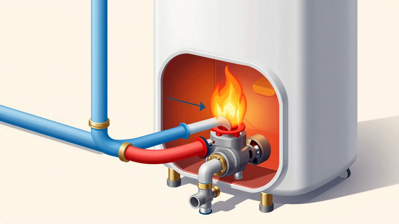 Cross-section diagram illustrating boiler and hot water cylinder interaction