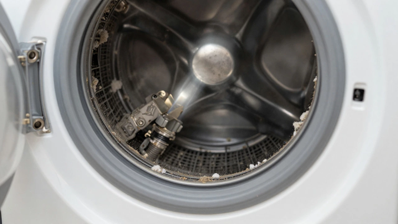 Dusty condenser coils on the back of a neglected washing machine