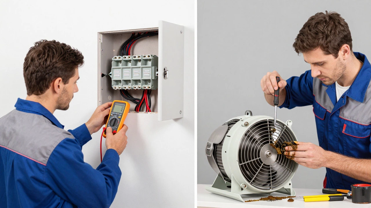Electrician checking wires vs technician fixing fan motor