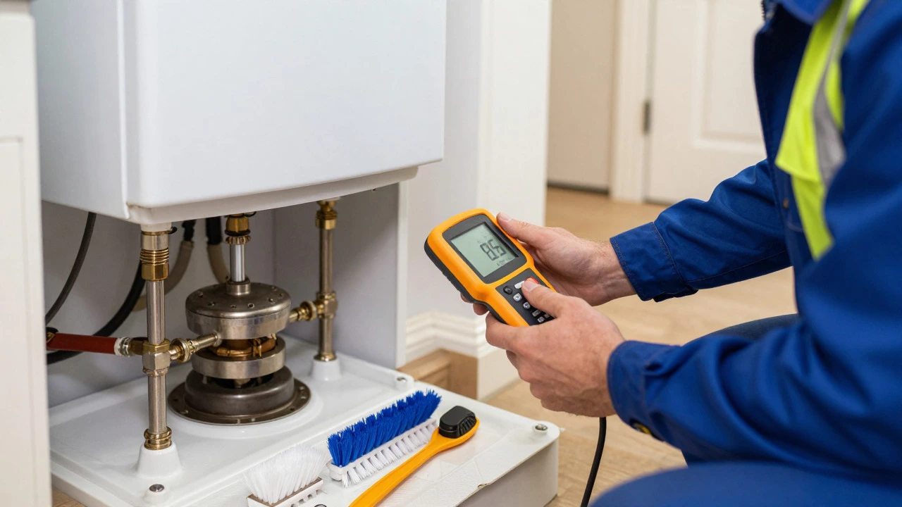 Gas engineer inspecting a boiler with diagnostic tools for safety checks