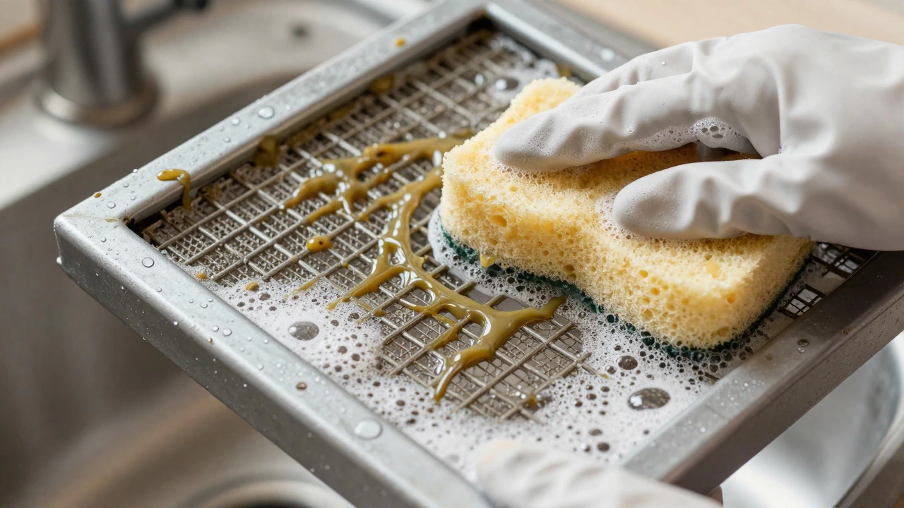 Hand cleaning greasy extractor fan filter in sink
