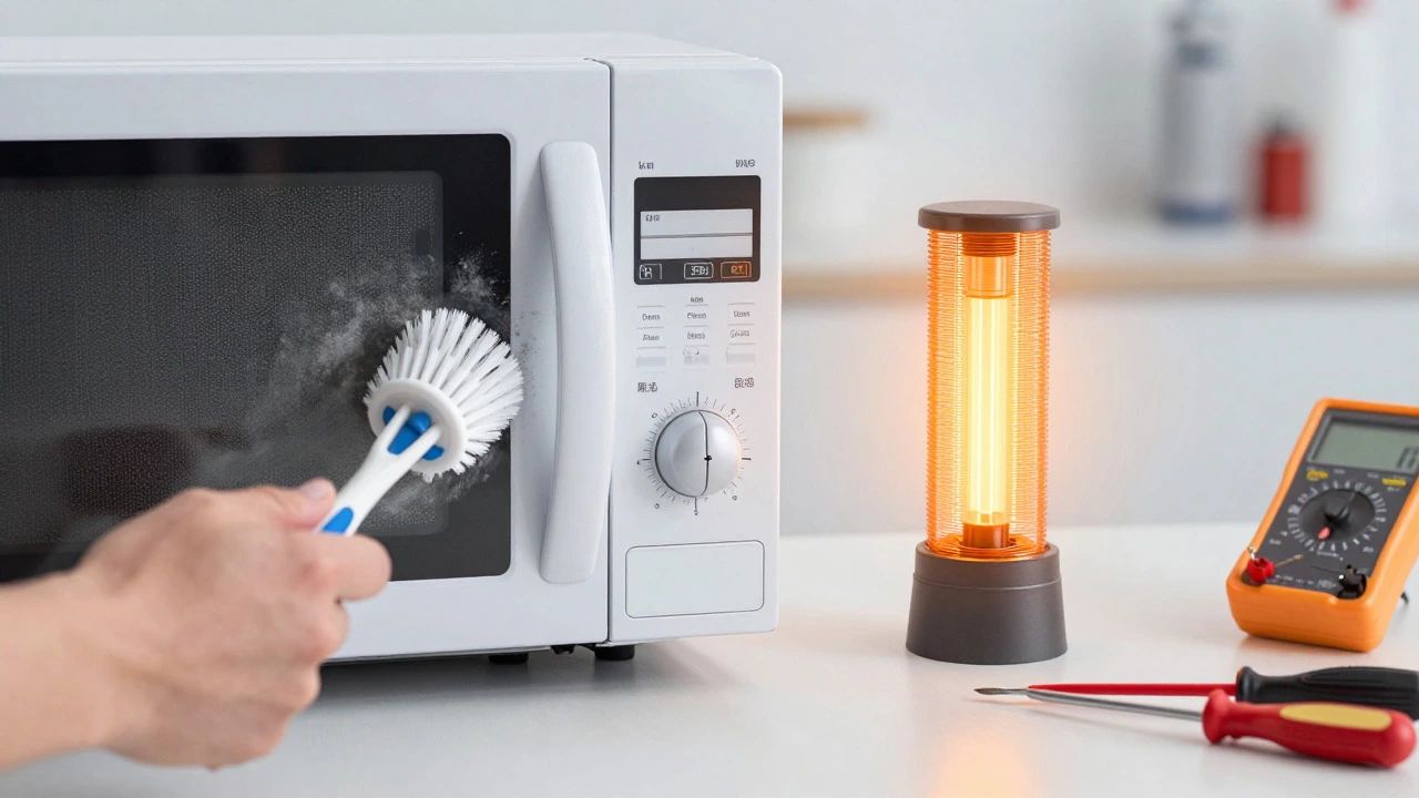 Hand cleaning microwave vents next to a glowing diagram of a healthy magnetron tube
