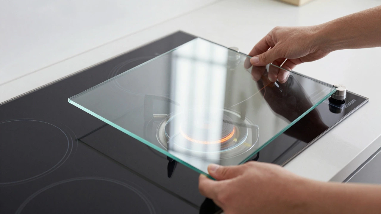 Hands carefully lifting a glass panel from a ceramic electric hob to reveal internal parts