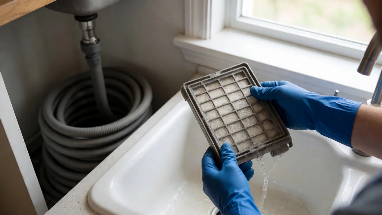 Hands in blue gloves removing a dirty filter from a dishwasher over a kitchen sink.