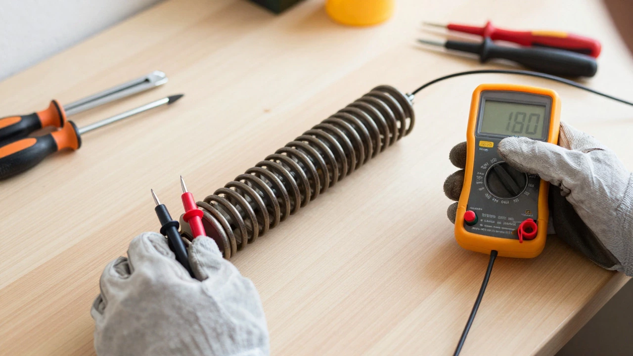 Hands using a multimeter to test a detached oven heating element coil