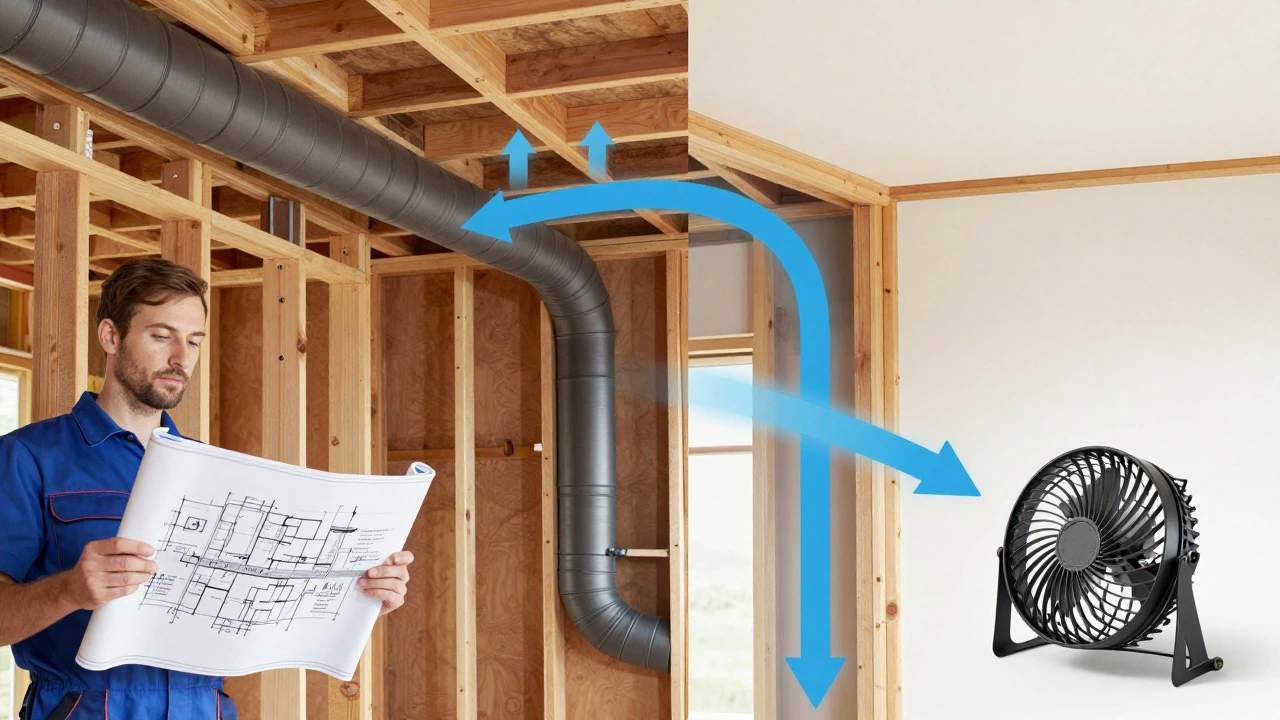 HVAC specialist planning ventilation ducts in attic space