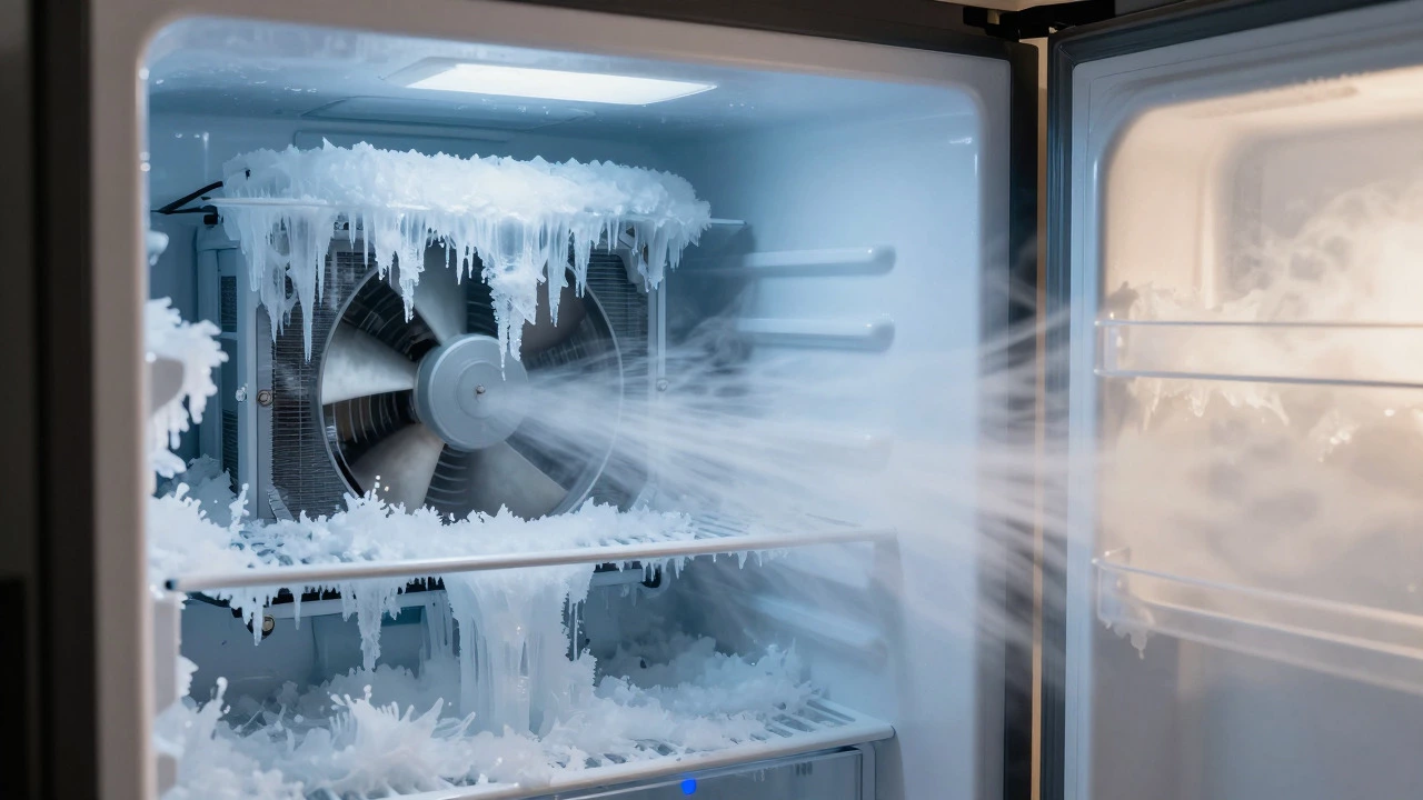Ice buildup blocking evaporator fan in a freezer