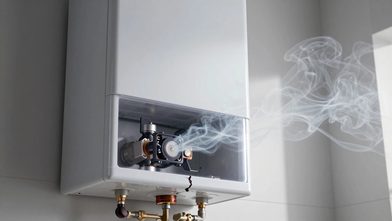 Illustration of invisible carbon monoxide leaking from a faulty gas boiler