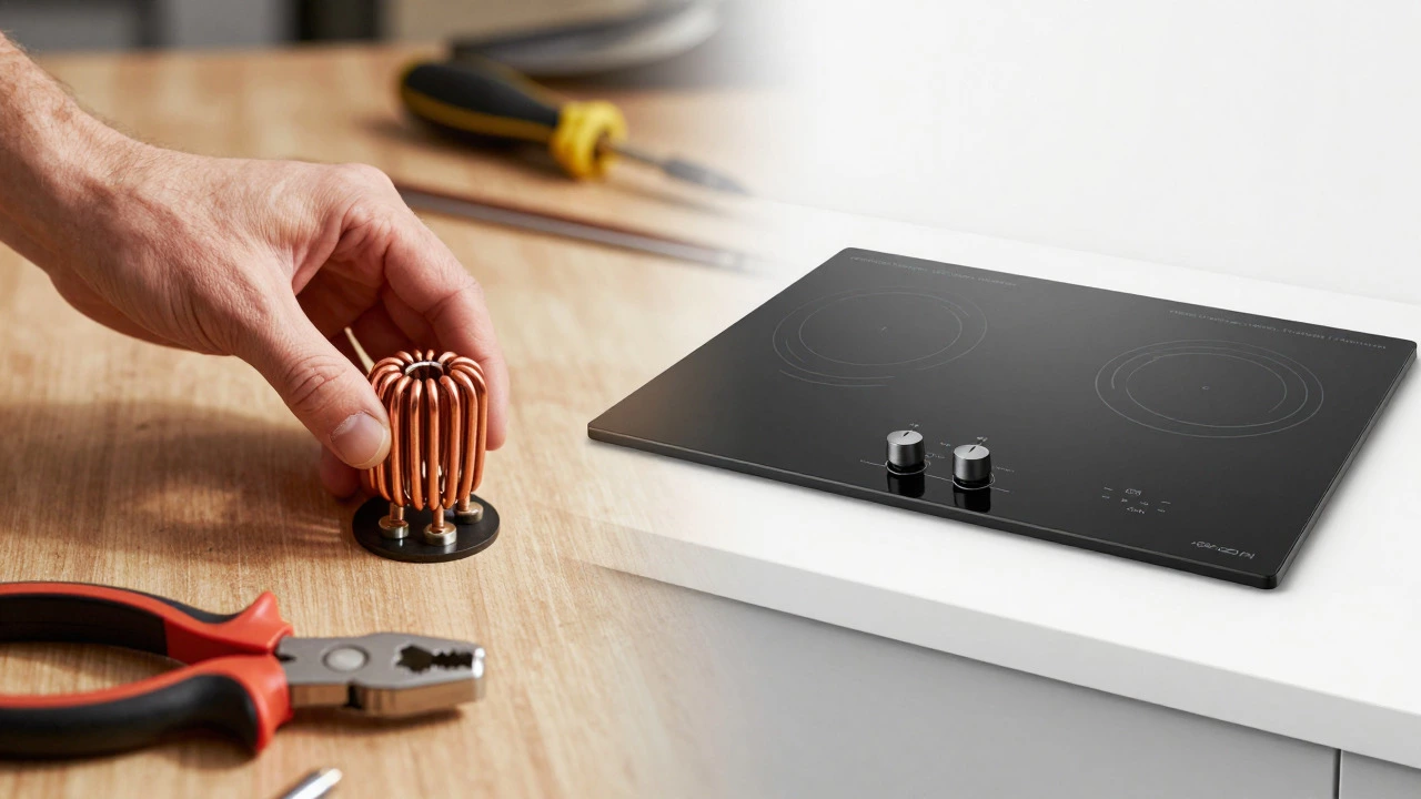 Split image comparing a DIY repair kit with a new modern electric hob