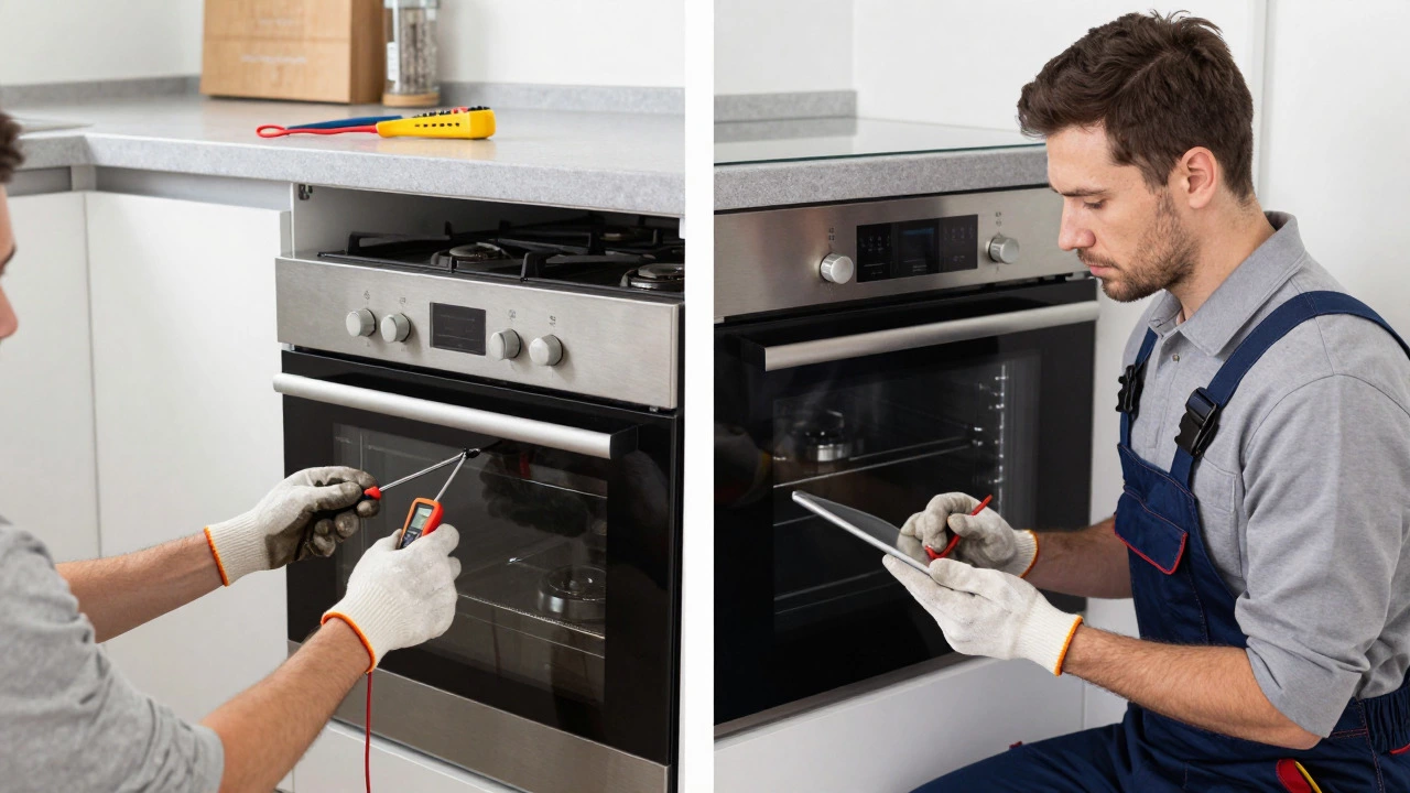 Split image showing DIY oven repair tools versus a professional technician