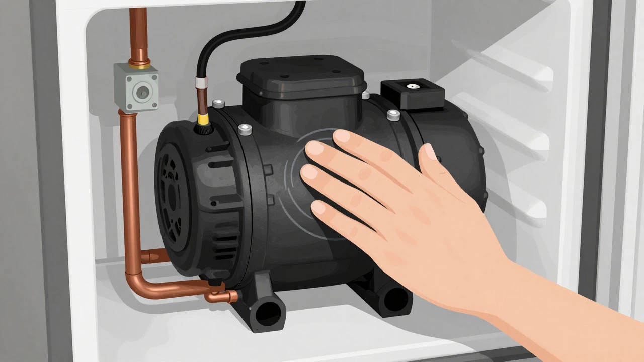 Technician checking refrigerator compressor for vibration