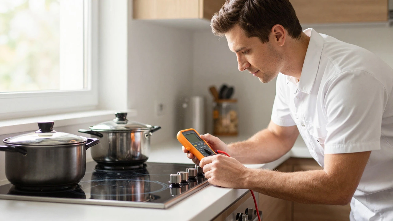 Technician performing maintenance check on a modern induction hob