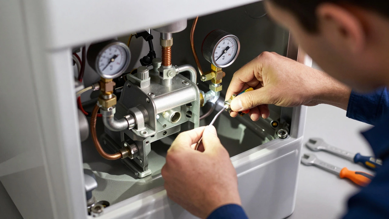 Technician repairing internal boiler components with tools