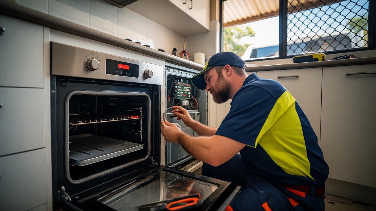 Appliance technician repairing a built-in oven under a kitchen counter.
