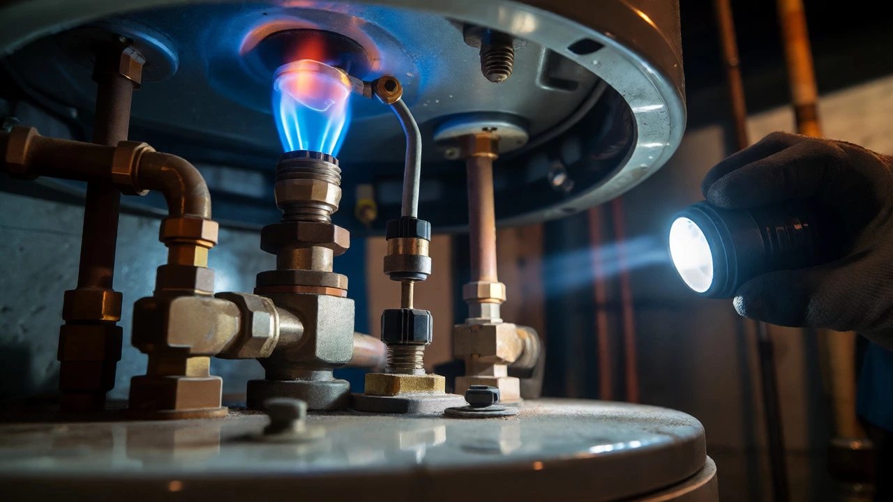 Blue pilot light glowing on gas water heater