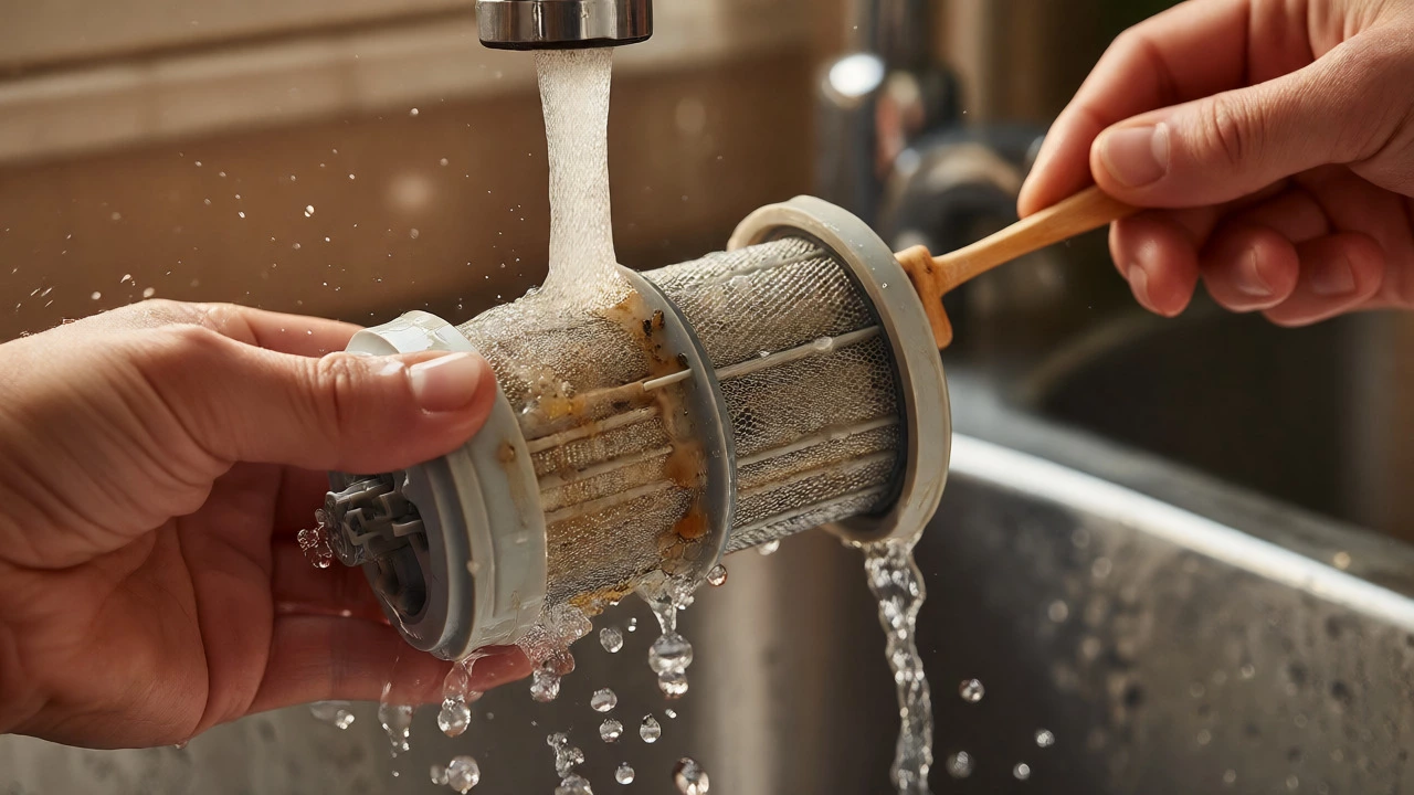Cleaning a clogged dishwasher filter mesh under running water.