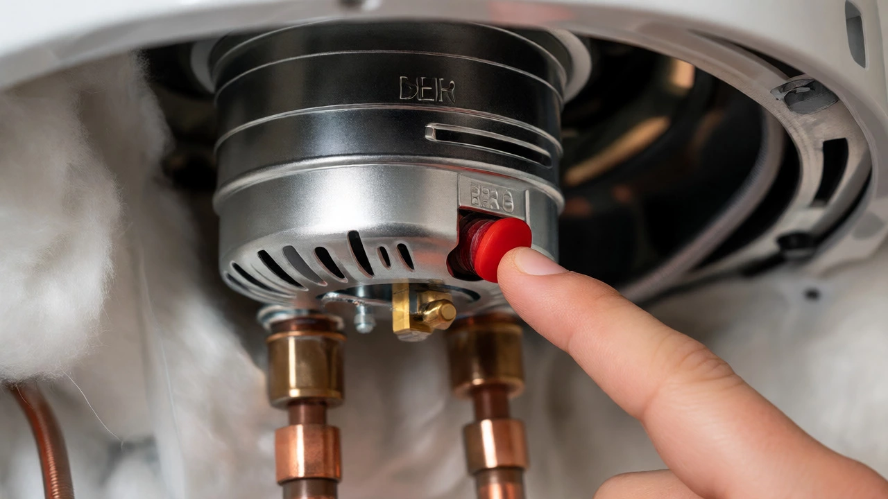 Close-up of a finger pressing the red reset button on a water heater thermostat