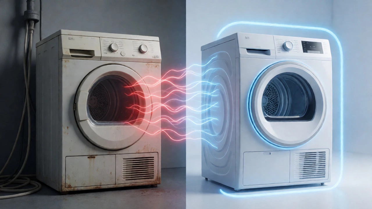 Comparison of an old rusty dryer and a modern efficient heat pump dryer side by side