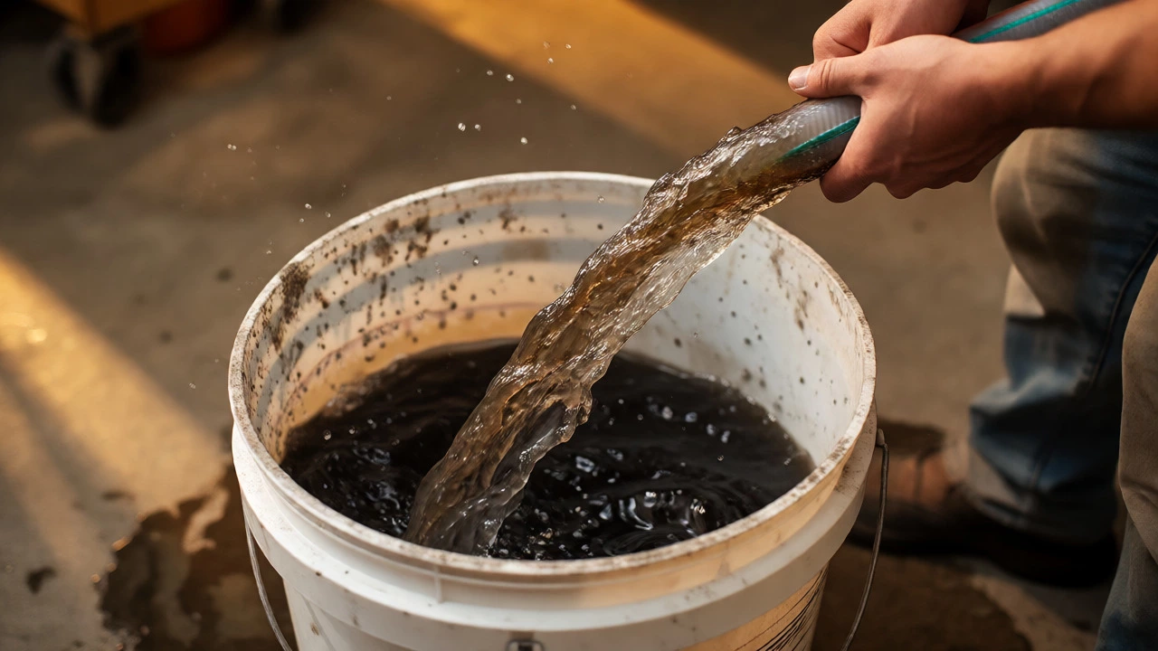 Dark, sediment-filled water draining from a water heater into a bucket via a hose.