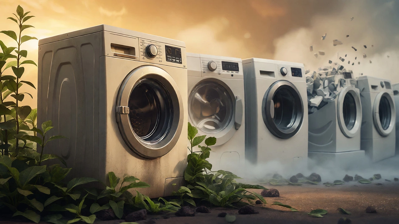 Durable washing machine standing firm amidst decaying appliances