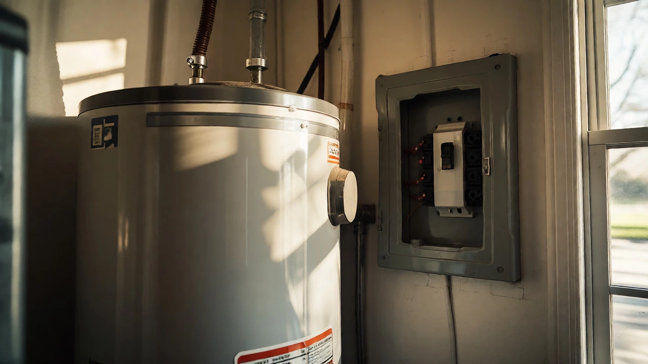Electric water heater next to an open breaker box in a utility room