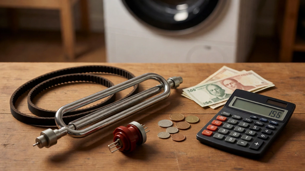 Flat lay of dryer parts, tools, and cash on a workbench illustrating repair costs