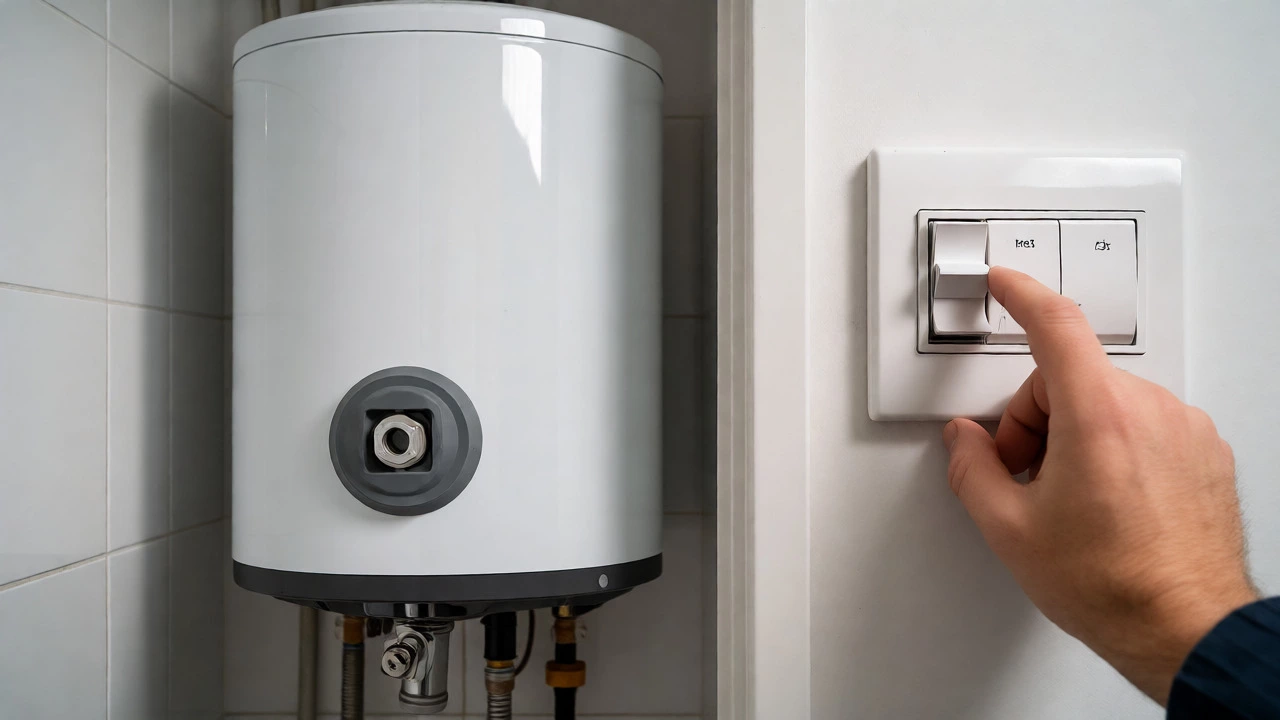 Hand switching on the hot water breaker at an electrical panel next to a clean water heater.