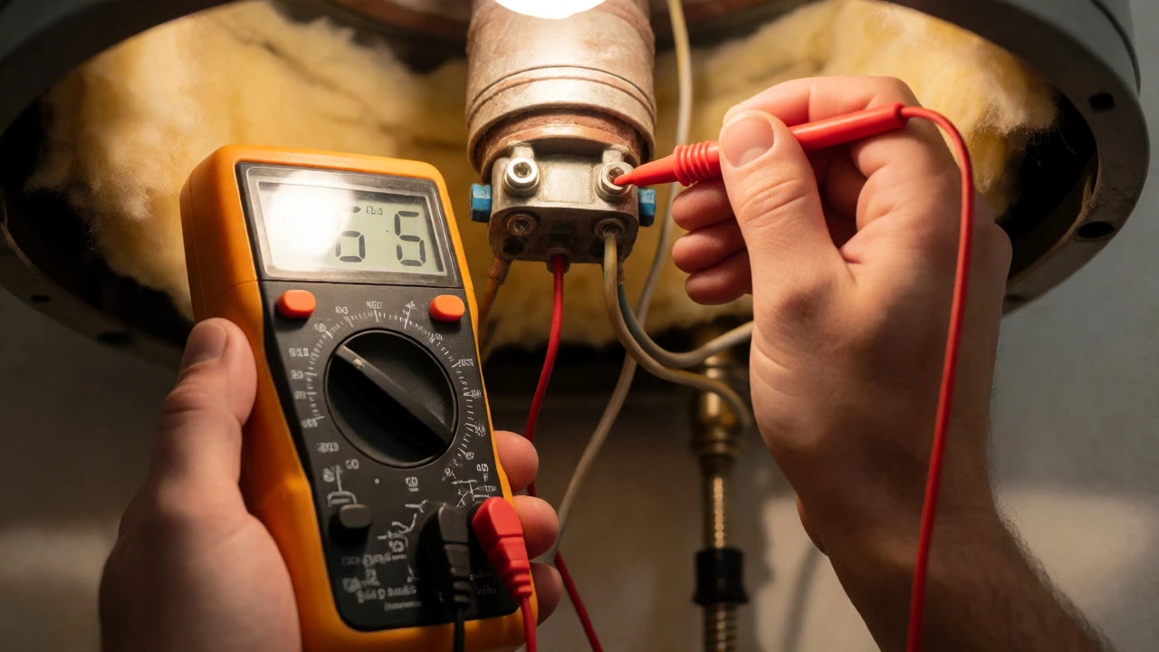 Hands using a multimeter to test the resistance of an exposed water heater element.