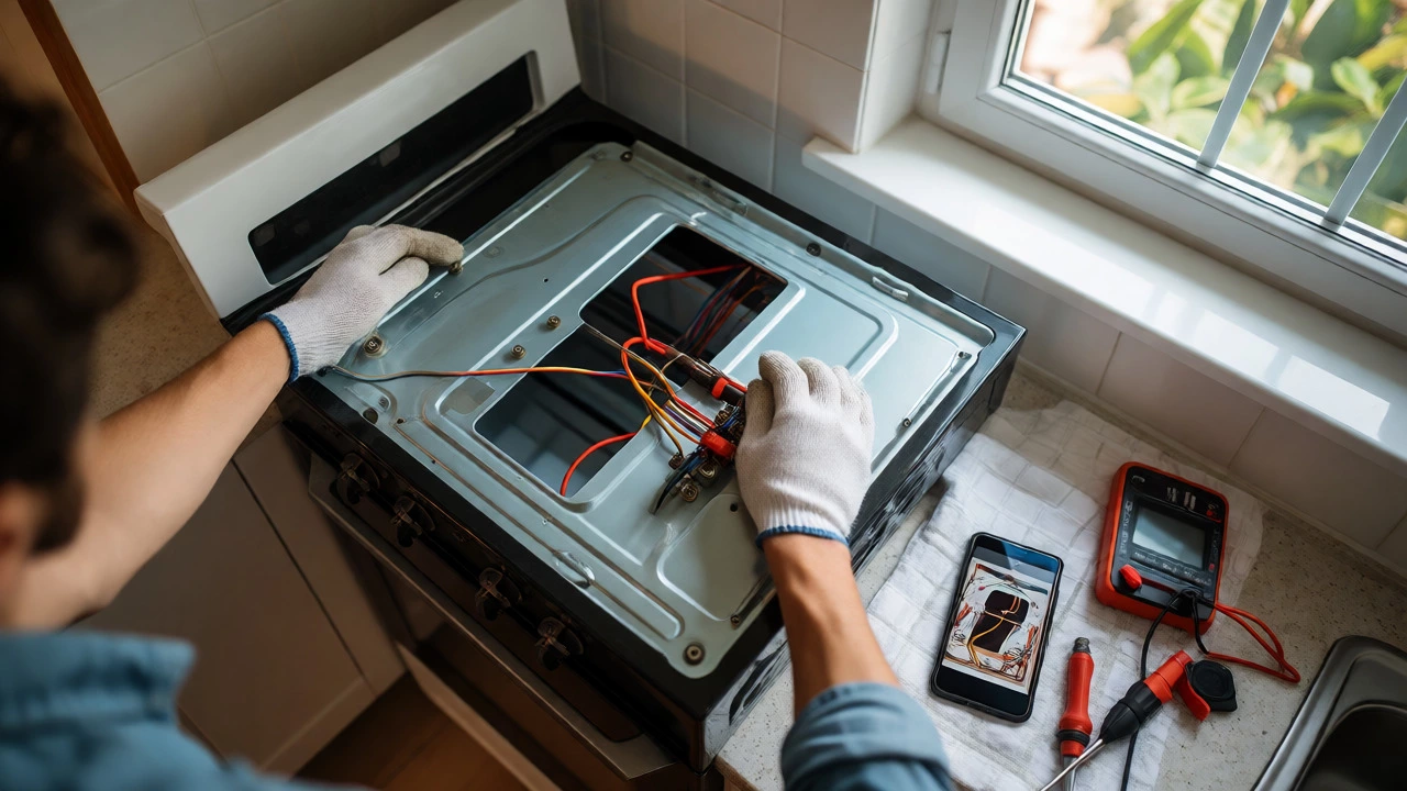 Homeowner using a screwdriver to replace an oven heating element during a DIY repair project.