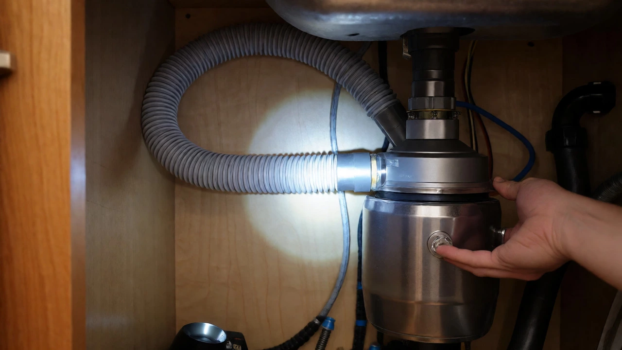 Inspecting the high-loop drain hose connection under a sink.