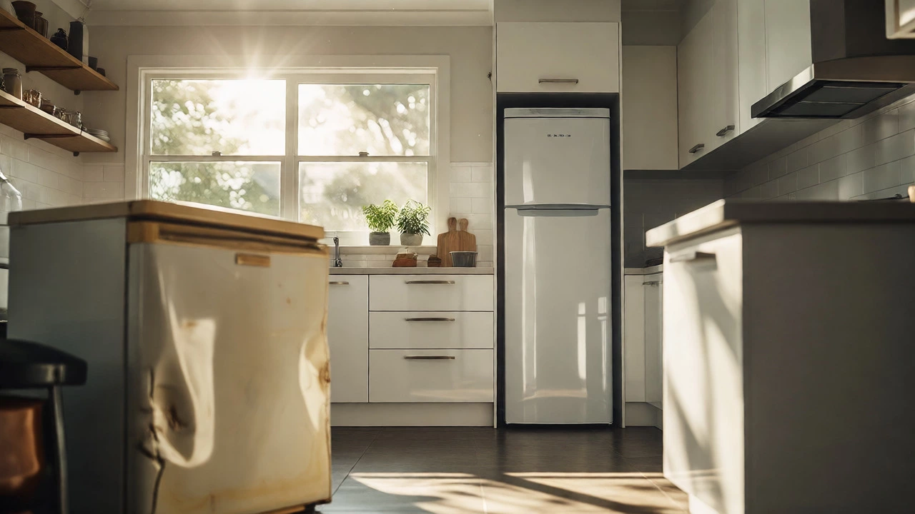 Modern kitchen with new efficient freezer replacing an old unit