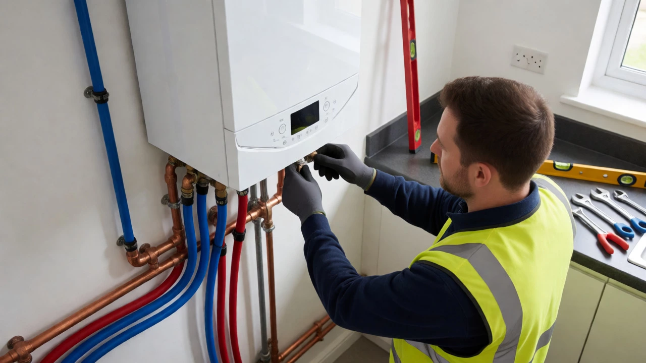 Professional installer fitting a new white combi boiler