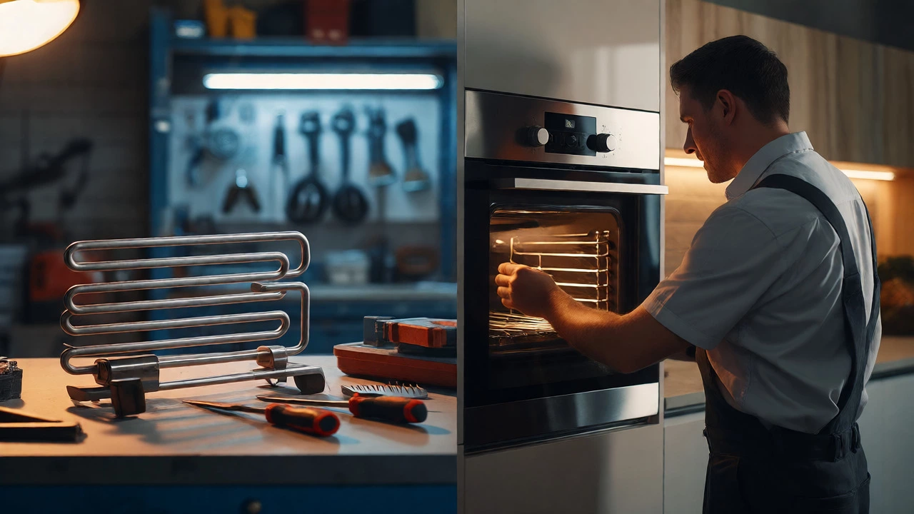 Split view comparing DIY tool setup for oven repair against a professional technician at work.