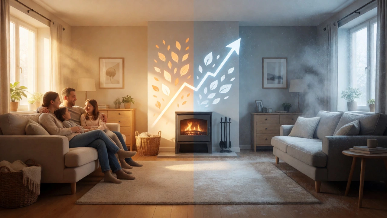 Split view comparing warm modern home vs cold old heating