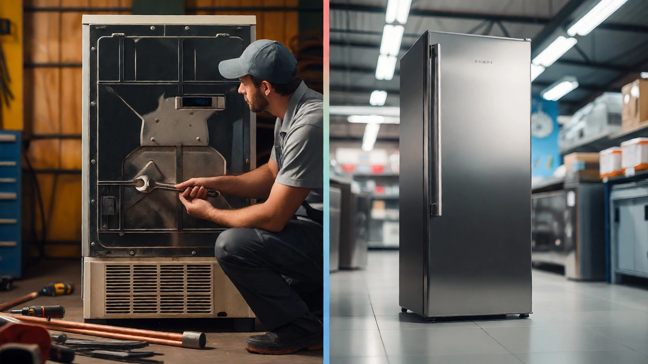 Split view showing freezer repair versus buying a new model