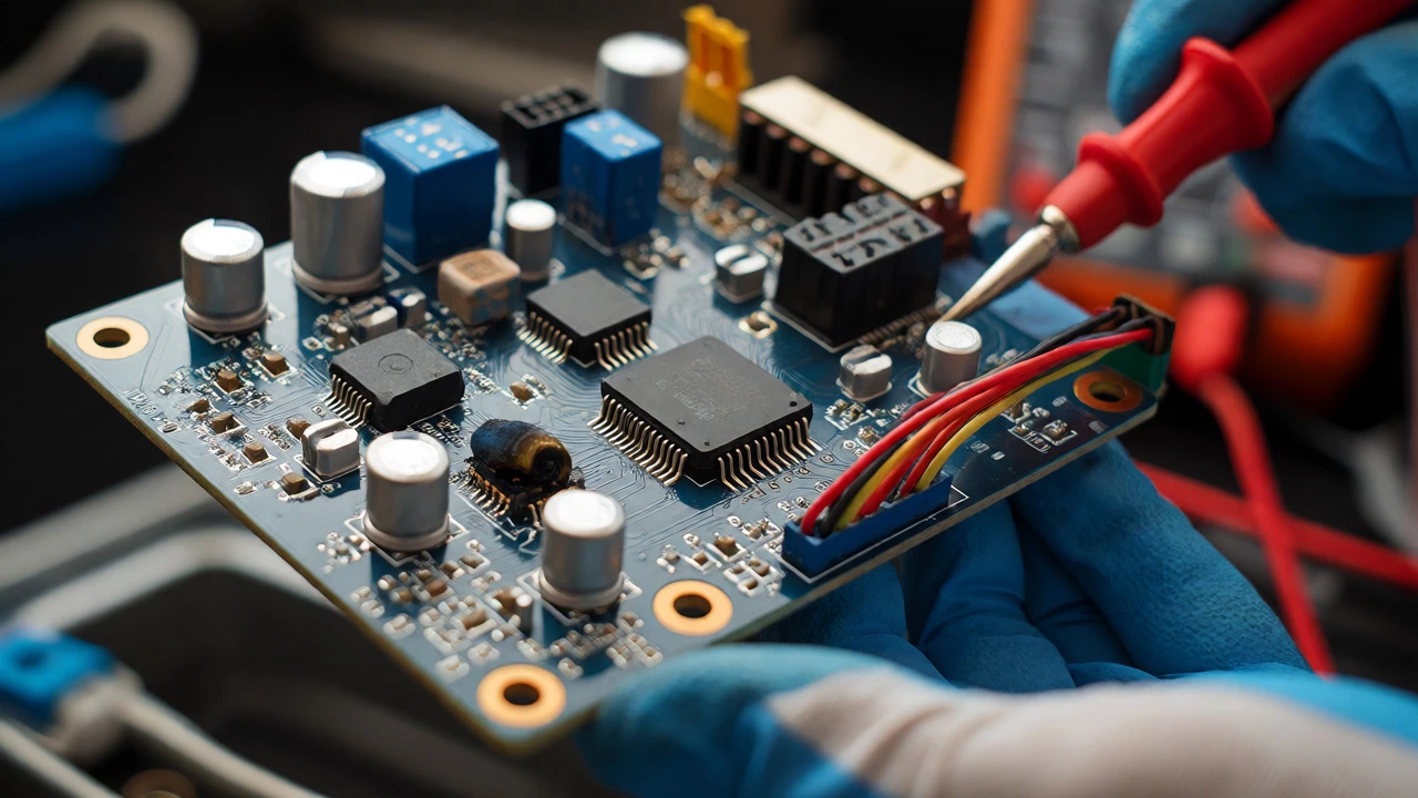 Technician inspecting a burnt oven control board circuit with a multimeter.