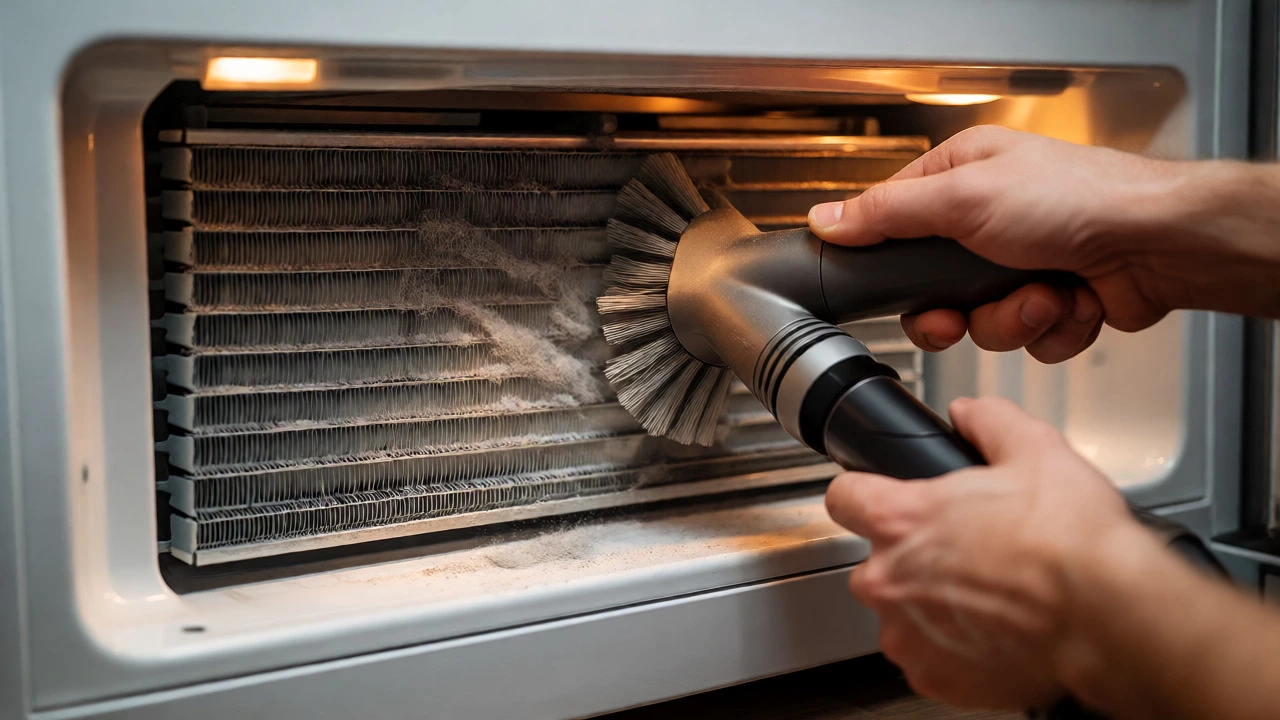 Vacuuming dust from refrigerator condenser coils