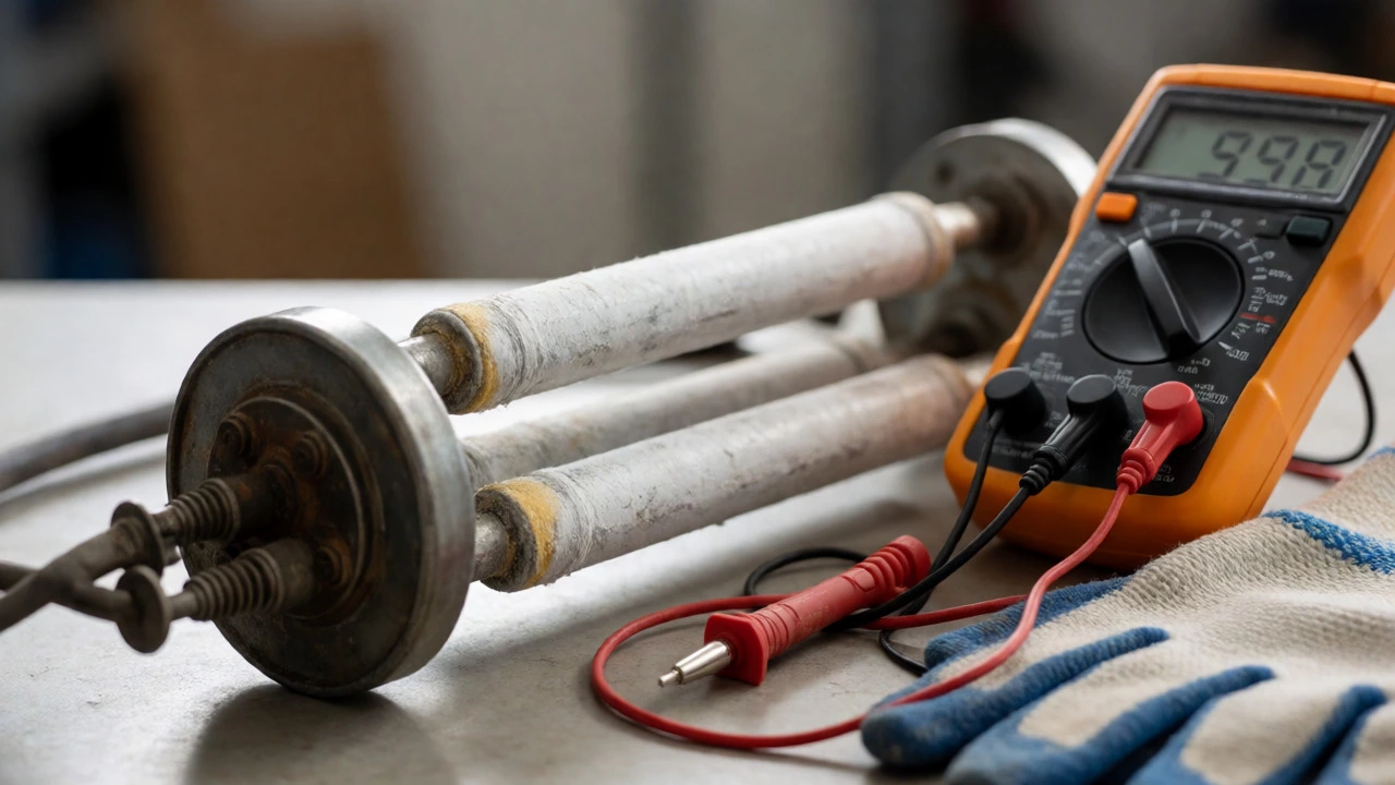 Water heater element covered in white mineral scale next to a multimeter on a workbench.