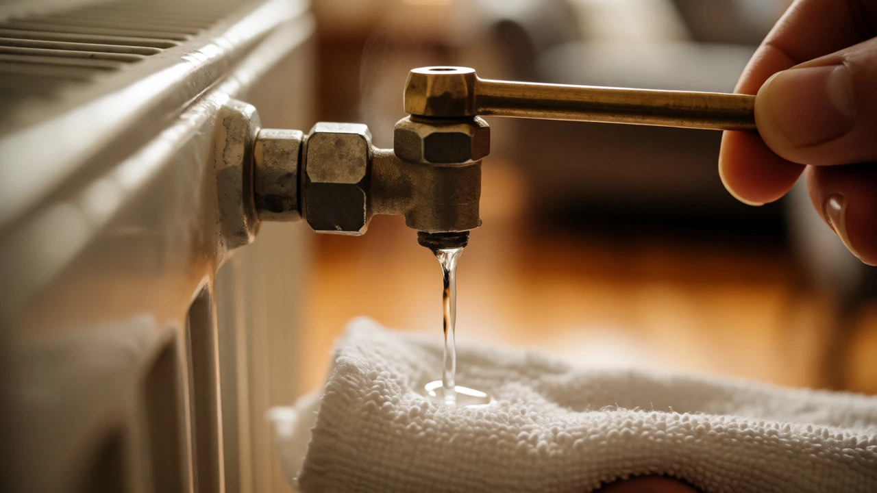 Bleeding air from radiator valve with cloth catching water