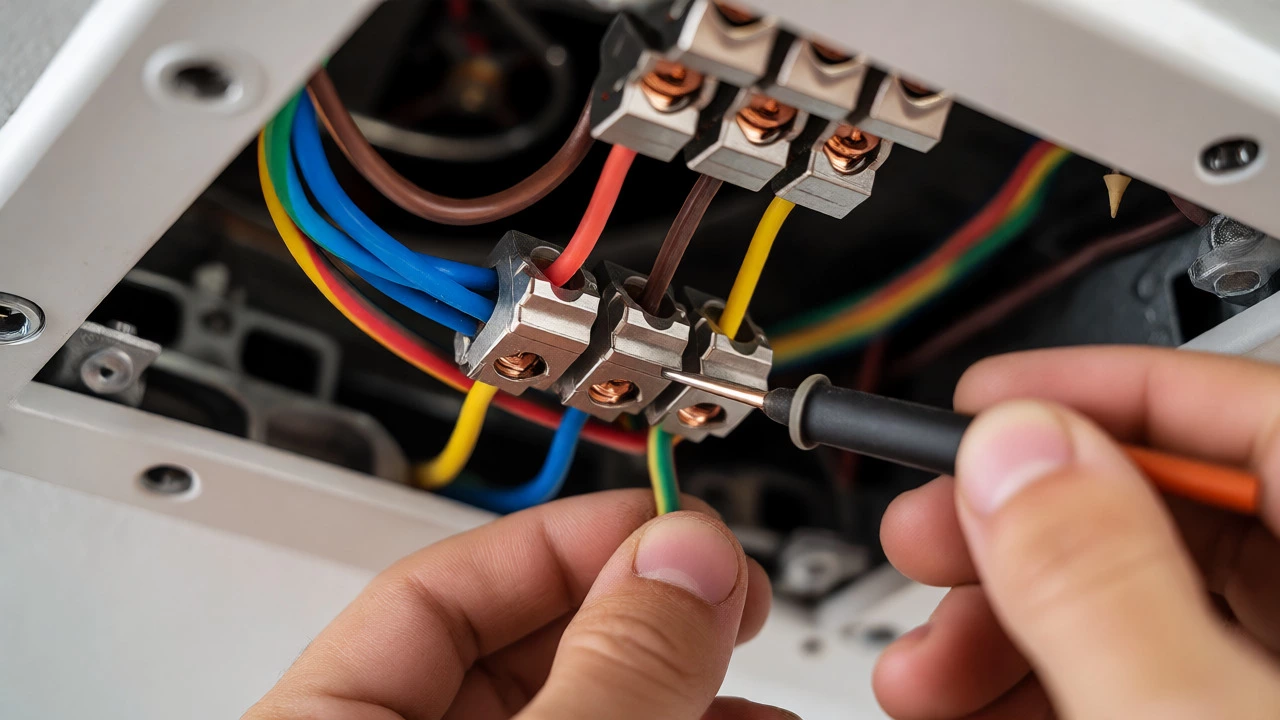 Close-up of hands connecting live, neutral, and earth wires to a fan terminal block