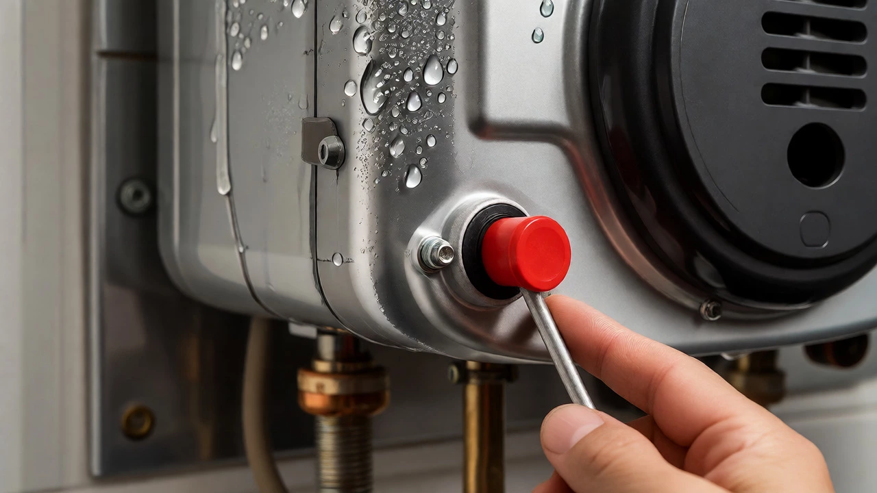 Close-up of pressing the red reset button on an electric water heater tank