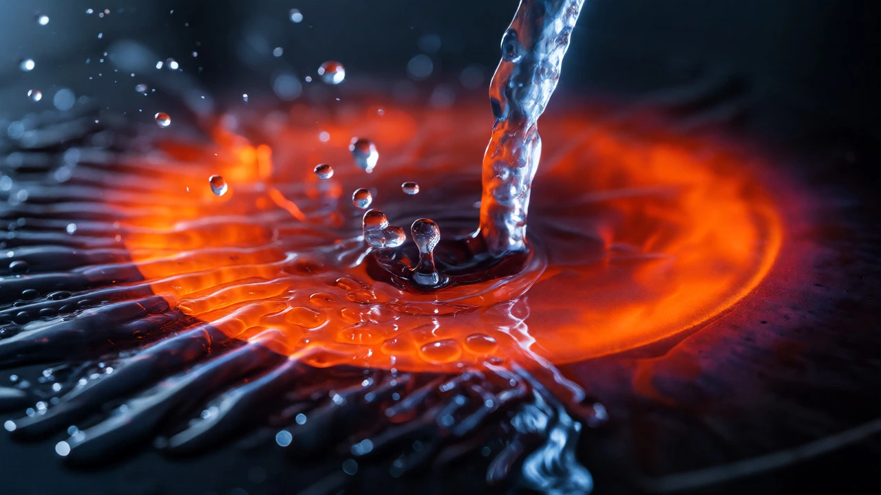 Cold water splashing onto a glowing hot induction hob causing thermal stress.
