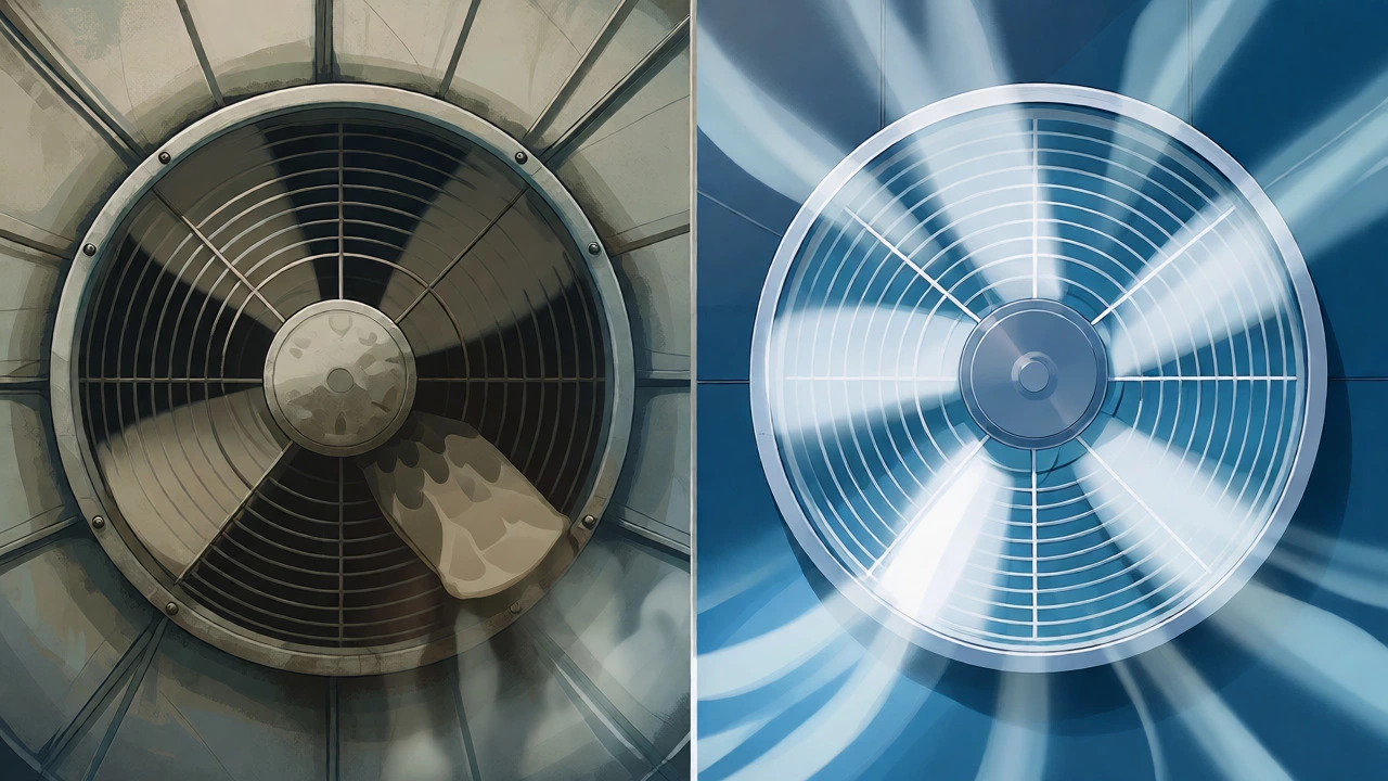 Comparison of a clogged, neglected extractor fan versus a clean, efficient one.