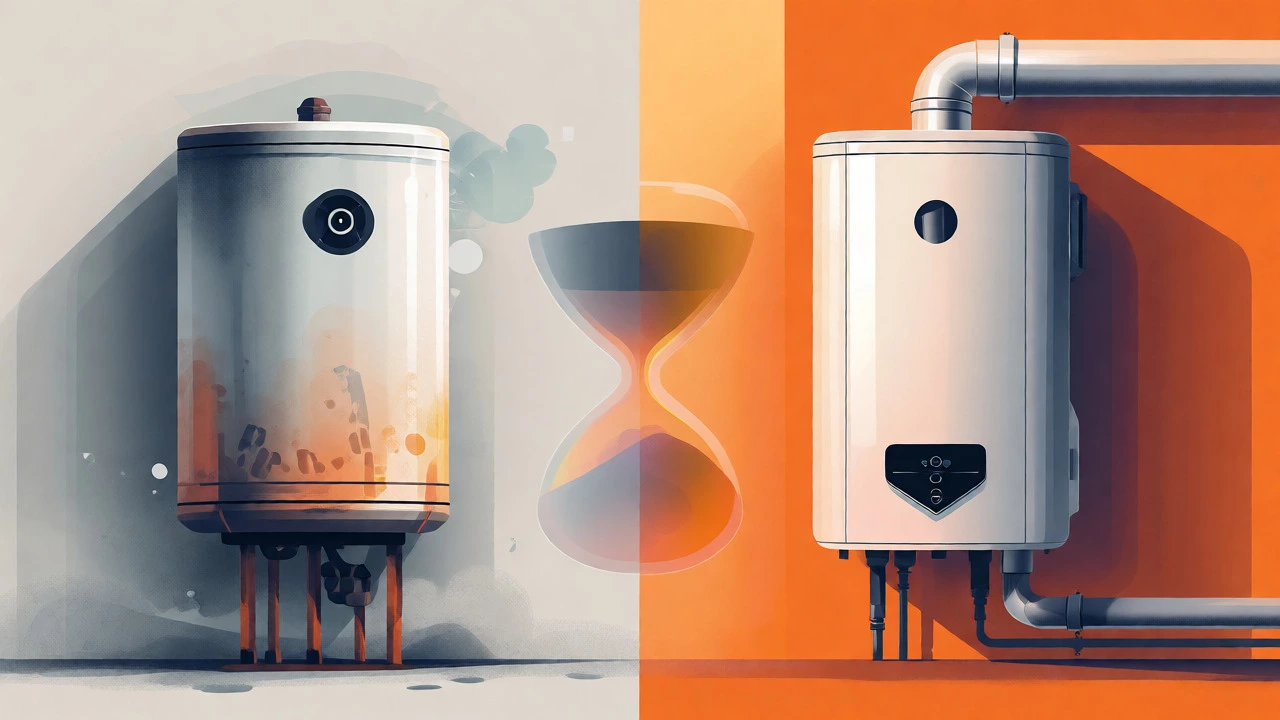 Conceptual comparison between an old storage tank and a modern tankless water heater.